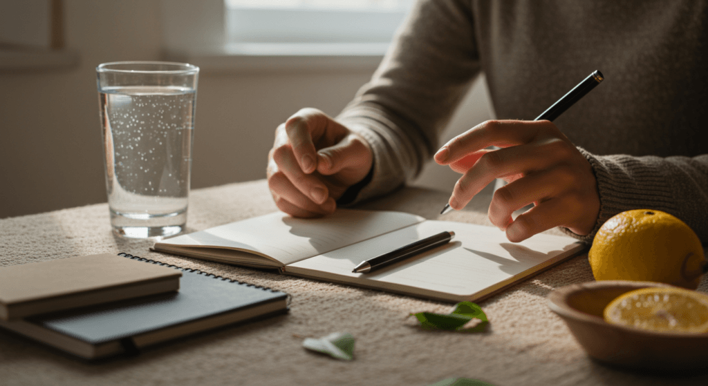 Wellness-Tips-Mental-Wellness-How-to-Improve-Your-Mind-and-Live-a-More-Balanced-Life A person practicing mental wellness, writing down their goals in a journal, reflecting on the good things in a quiet environment, with a glass of water and an orange on the table.
