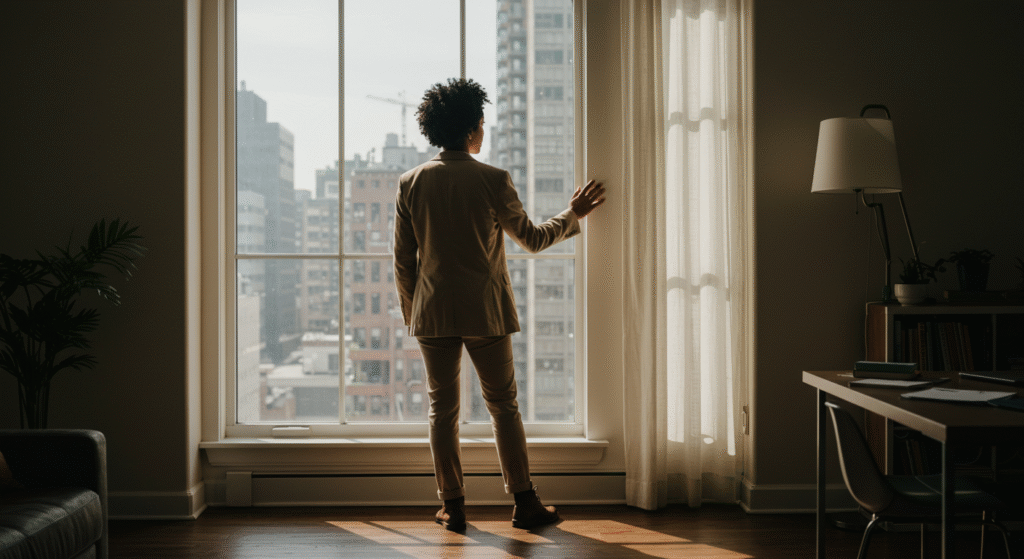 Building-self-esteem-Practical-Steps-to-Feel More-Confident A woman of about 25, standing at a large office window, looking straight ahead with a strong, determined posture, wearing elegant casual clothes that suggest self-esteem building.