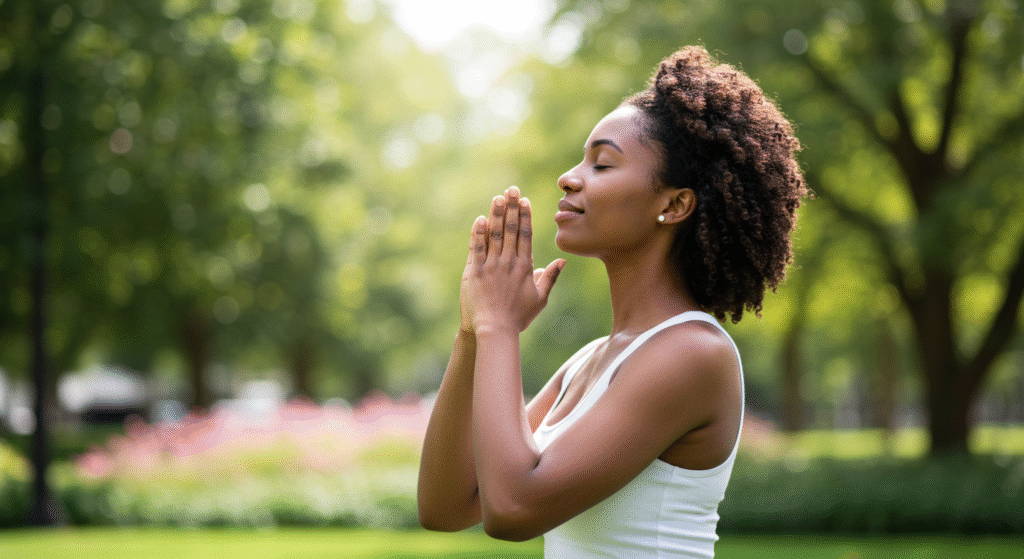 Science-Backed-Way-to-Improving-Mental-Health-Naturally A smiling black woman doing breathing exercises in the park to improve her mental health naturally